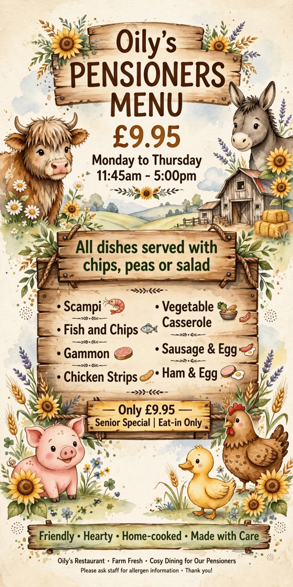 Oily's Pensioners Menu
