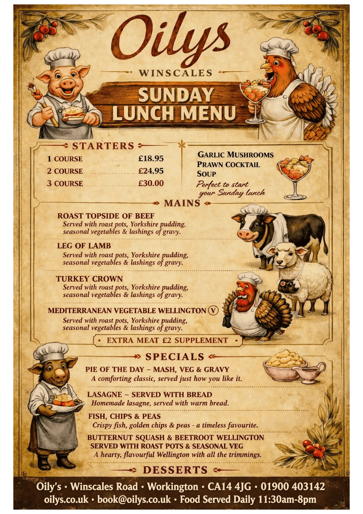 Oily's Sunday Lunch Menu