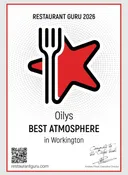 Restaurant Guru 2026 certificate — Oily's, Best Atmosphere in Workington
